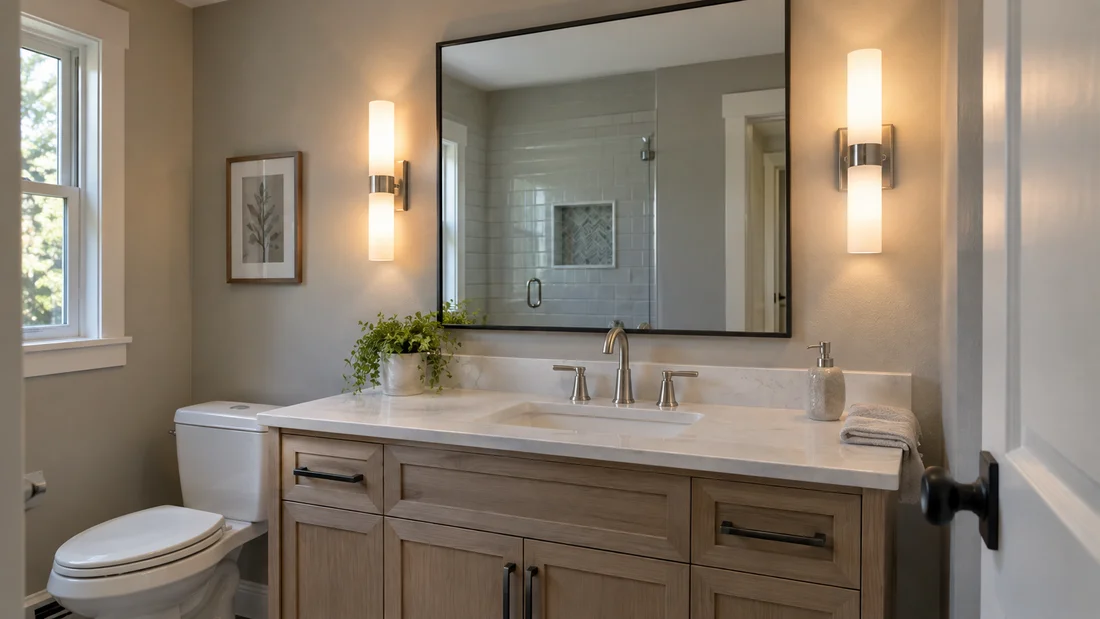 Bathroom vanity with a pair of glowing wall sconces