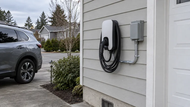 EV charger on a garage wall beside the driveway, with conduit to a disconnect