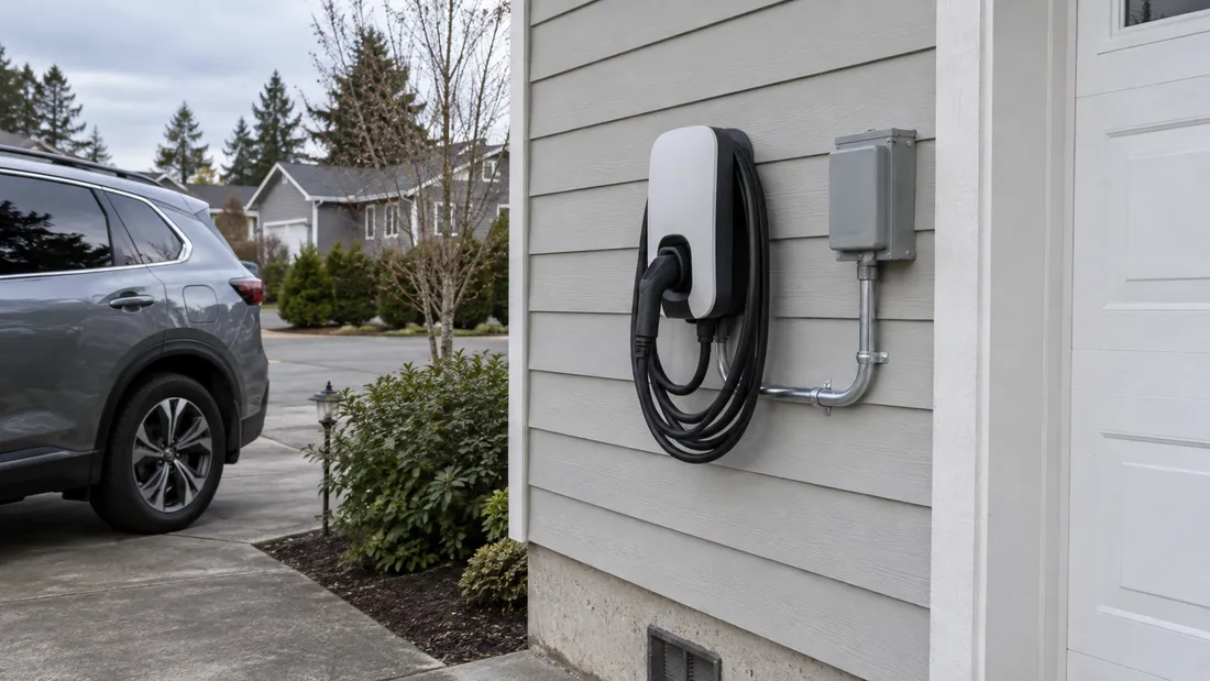 EV charger on a garage wall beside the driveway