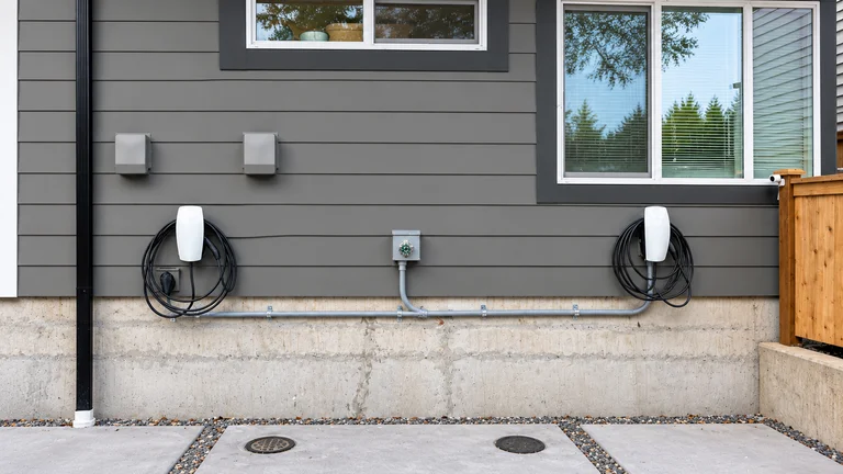 Two EV chargers mounted outside a home with neat grey conduit