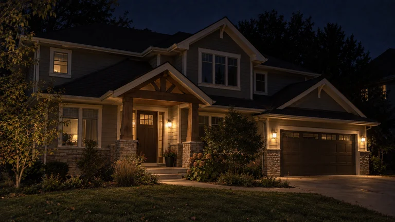 House at night lit by porch and garage wall lanterns