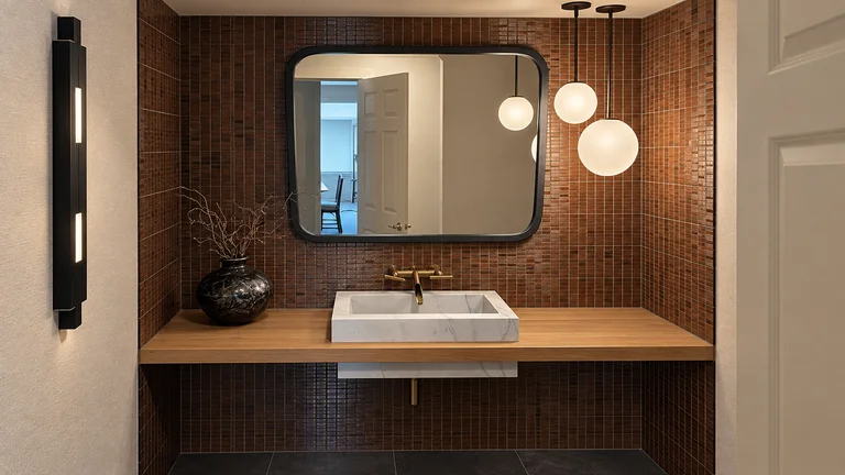 Tiled powder room with globe pendant lights and a vertical wall sconce