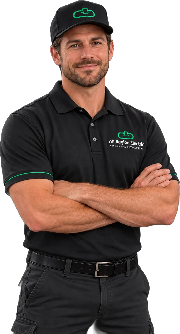 All Region Electric electrician in a branded cap and polo, arms crossed