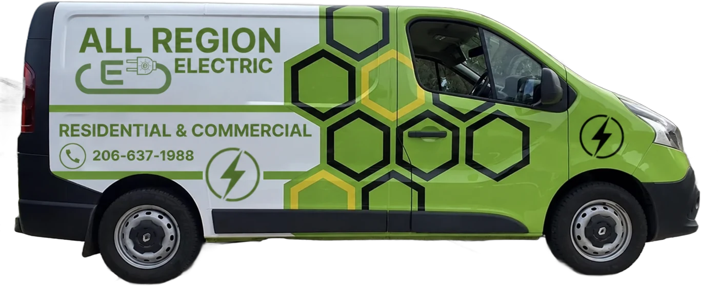 All Region Electric van with logo and phone number 206-637-1988